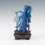 Chinese Carved Lapis Lazuli Cabinet Sculpture of GuanYin Goddess on Stand with Silver Wire Inlay