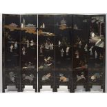 Chinese Lacquered Wood and Carved Hardstones Six-Panel Scenic Room Screen