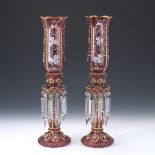 A PAIR OF ANTIQUE BACCARAT STYLE HURRICANE LAMP