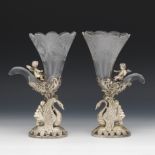 Pair of German 800 Silver and Etched Glass Vases, Hanau, Retailed by Buchholz & Zelt, ca. 1900