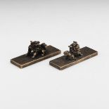 Chinese Pair of Silvered Bronze Scroll Holders with Foo Dog Handles, Qing Dynasty