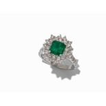 Emerald Ring with Diamond Bordure, 14 Karat White Gold 14 karat white gold (tested)One fine deep