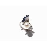 Lady’s Ring with a Pearl, 5 Sapphires and 8 Diamonds, 18K Gold 18 karat white goldEurope, 20th