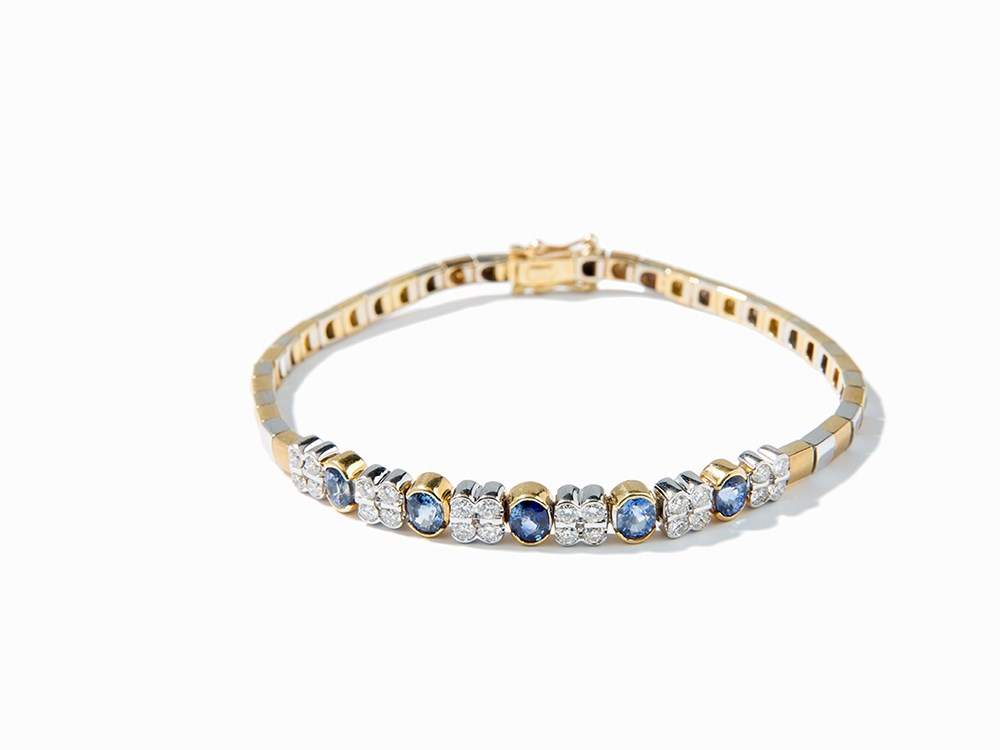 Bracelet with 5 Sapphires of c. 3.5 ct. and 24 Diamonds, 18K 18 karat yellow and white gold