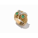 Cute Owl Ring with 2 Emeralds and 15 Diamonds 14k Yellow Gold 14 karat yellow goldEurope, mid-20th