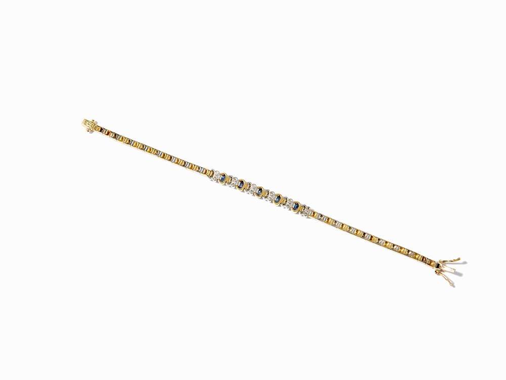 Bracelet with 5 Sapphires of c. 3.5 ct. and 24 Diamonds, 18K 18 karat yellow and white gold - Image 9 of 11