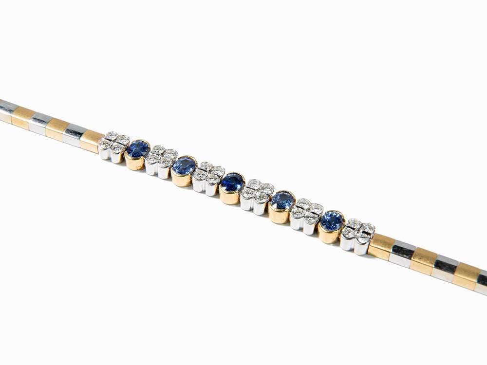 Bracelet with 5 Sapphires of c. 3.5 ct. and 24 Diamonds, 18K 18 karat yellow and white gold - Image 5 of 11