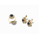 Pair of Sapphire and Diamond Ear Hangers & Ring, 800 Gold 800 goldPortugal, around 1990Jewelry set