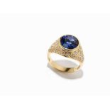 Cocktail Ring with a Central Sapphire and Diamonds, 18K Gold 18 karat yellow goldEurope, 20th