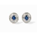 Pair of Stud Earrings with 2 Sapphires & 100 Diamonds, 14K Gold 14 karat white goldEurope, 20th