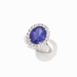 Tanzanite Ring with Brilliant Cut Diamond Border, 14K Gold 14 karat white goldHallmarked with