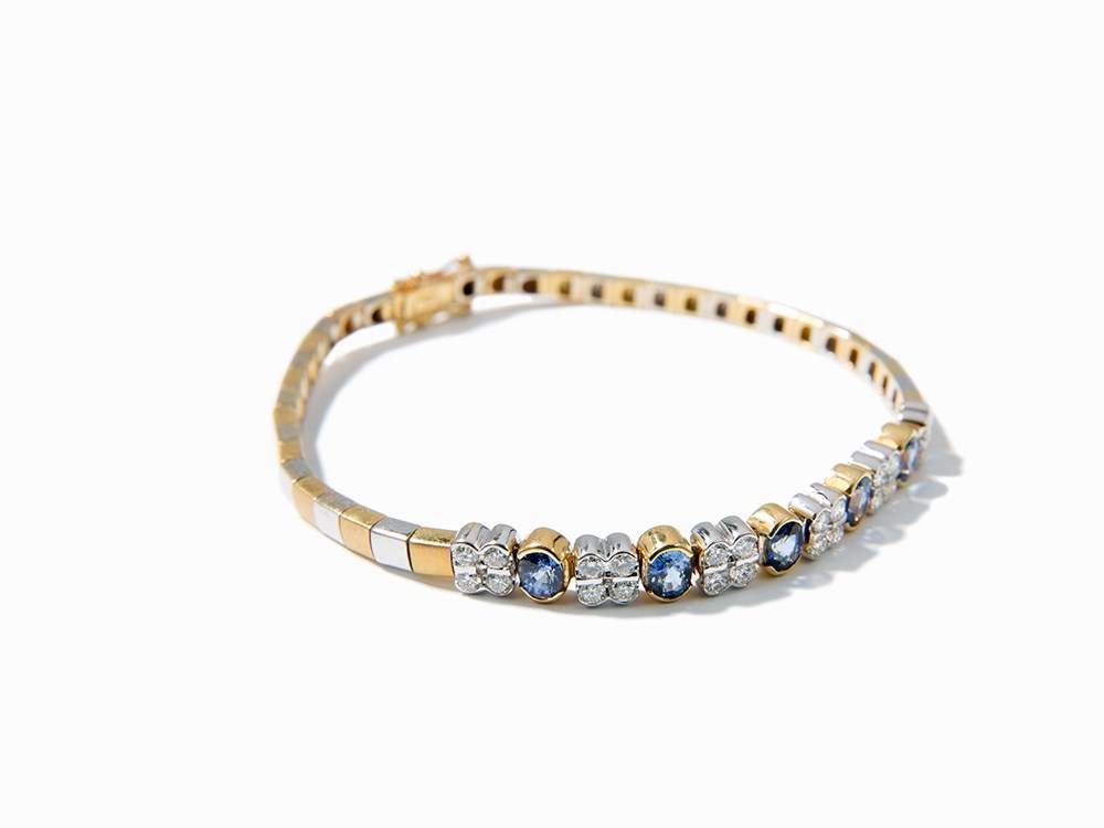 Bracelet with 5 Sapphires of c. 3.5 ct. and 24 Diamonds, 18K 18 karat yellow and white gold - Image 2 of 11