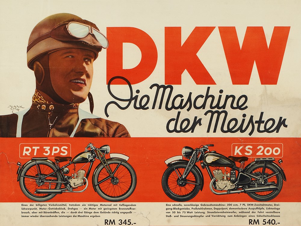 Signed advertising poster DKW motorcycles, 1938/39Germany, 1938/39Offset print on paperSigned