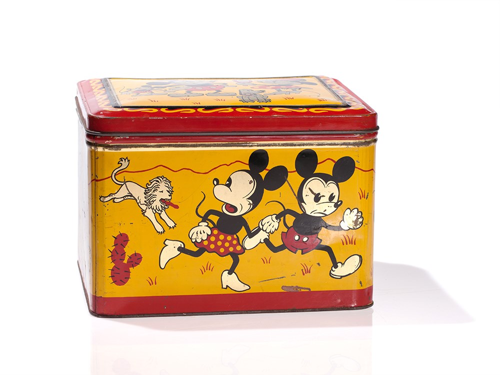 Rare Mickey Mouse Tin Box by Hoffmann, Switzerland, 1930sLithographed tin with gold