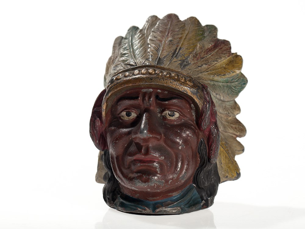 Beautiful rare antique money box „Indian chief“, around 1900 Metall, polychrome paintedGermany,