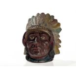 Beautiful rare antique money box „Indian chief“, around 1900 Metall, polychrome paintedGermany,