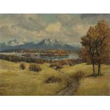 Painting with View on Lake Chiemsee, Fritz Meyer, mid-20th C Oil on canvasGermany, mid-20th