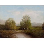Oil Painting “Spring Landscape”, Karl Schmidbauer, mid-20th C Oil on cardboardGermany, mid-20th