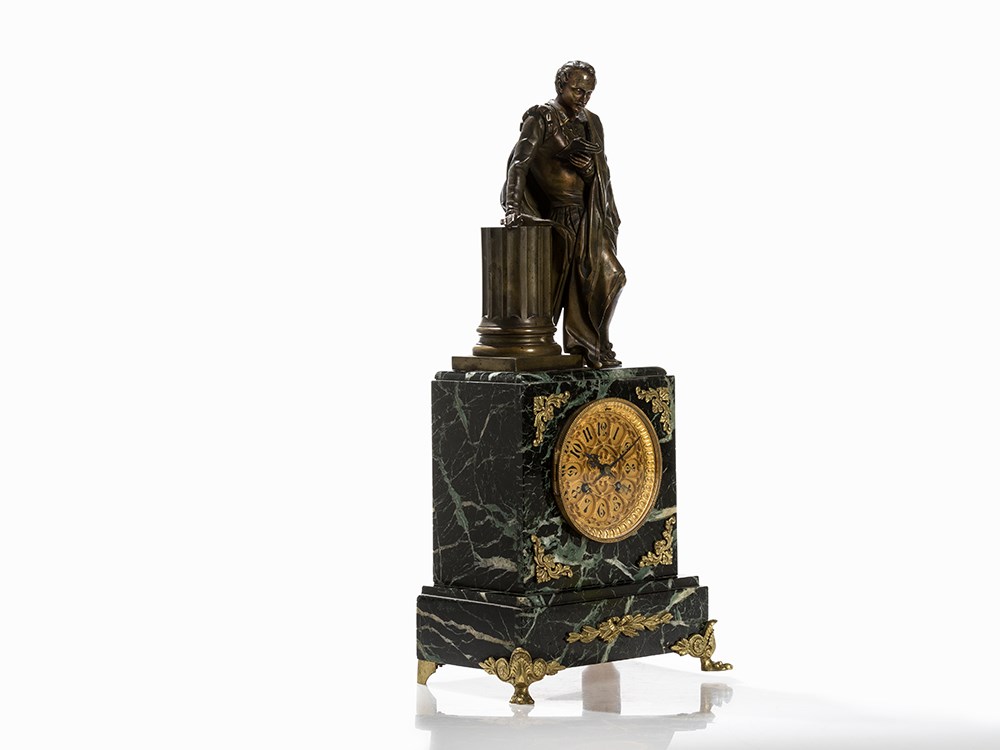 A Figural Mantel Clock ‘Nobleman’, Japy, France, 19th CBronze, gold-plated and patinated, marble, - Image 4 of 8