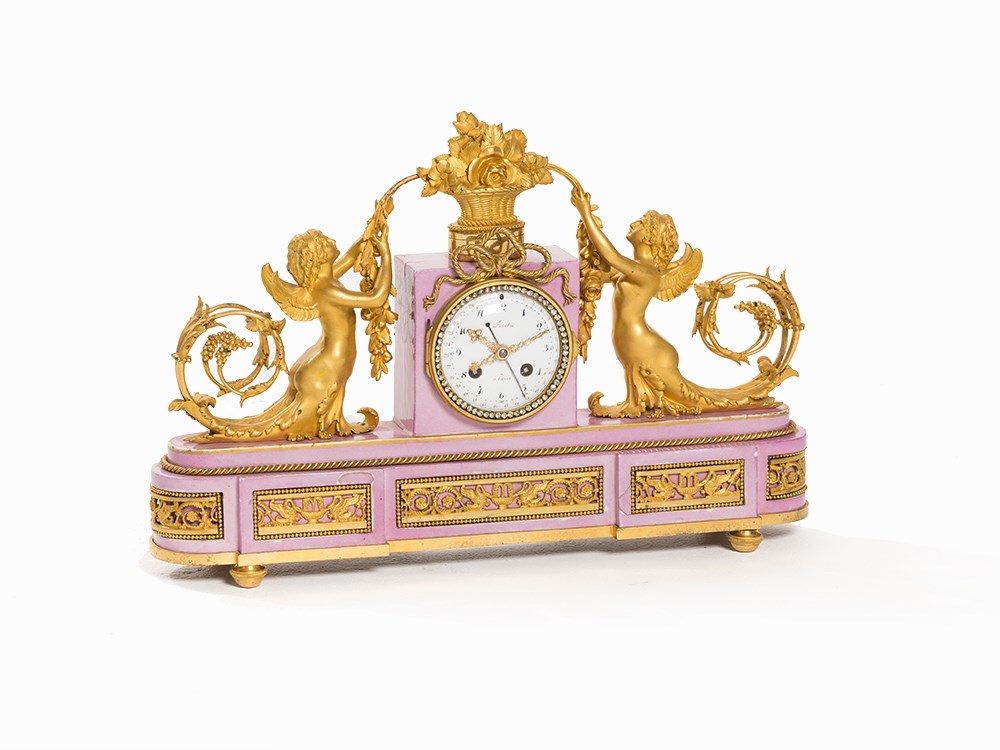 J. Furet, Porcelain Clock with Grotesques, France, c. 1800Bronze, gold-plated, porcelain, painted