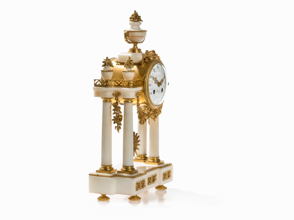 Louis XVI Style Portico Clock, Planchon/Japy, France, c. 1850White Naxos Marble, bronze, gold- - Image 6 of 8