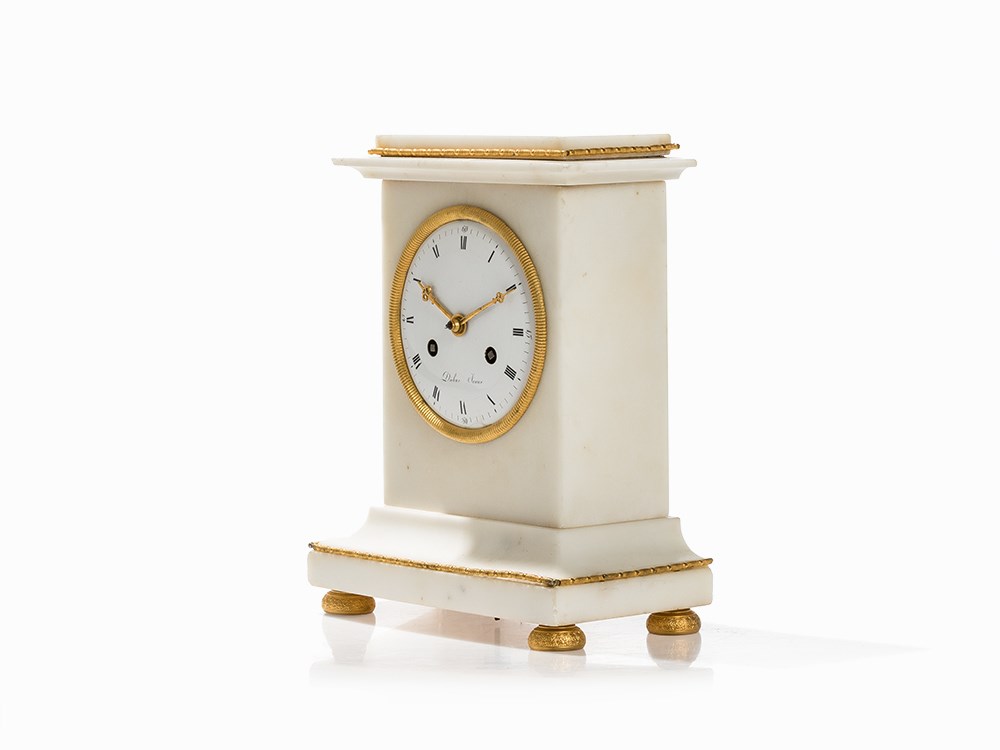 Empire Mantel Clock with White Marble, Dubuc, France, c. 1800 White marble, bronze, gold-plated, - Image 5 of 9