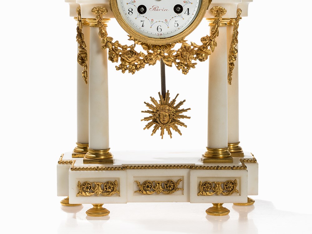 Louis XVI Style Portico Clock, Planchon/Japy, France, c. 1850White Naxos Marble, bronze, gold- - Image 5 of 8