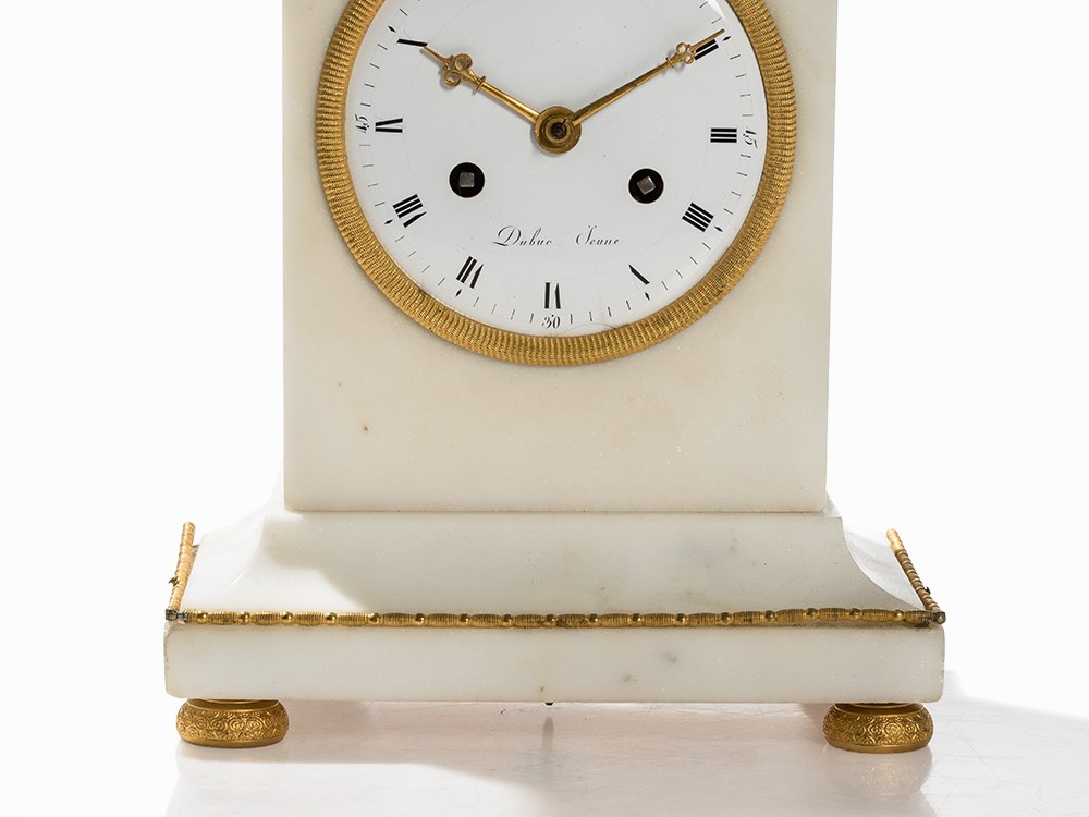 Empire Mantel Clock with White Marble, Dubuc, France, c. 1800 White marble, bronze, gold-plated, - Image 7 of 9