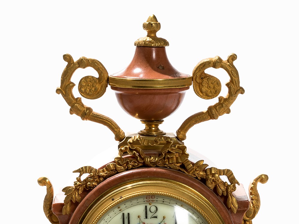 Marble Mantel Clock Garniture, Louis XVI Style, Paris, c. 1860  Pink marble, gilt bronze, enamel, - Image 4 of 9