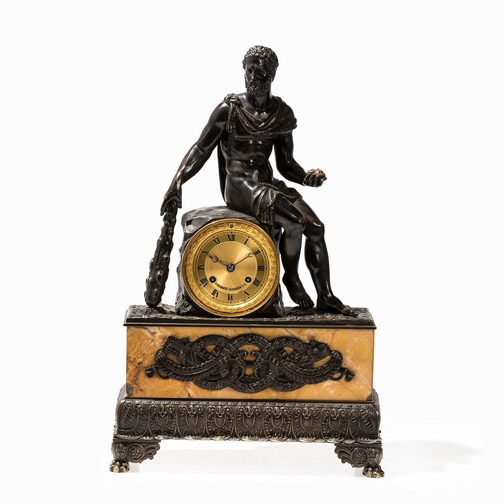 A Neoclassical Mantel Clock with Hercules, Lamy, Paris, 19th C Bronze with dark patina and parcel- - Image 6 of 6