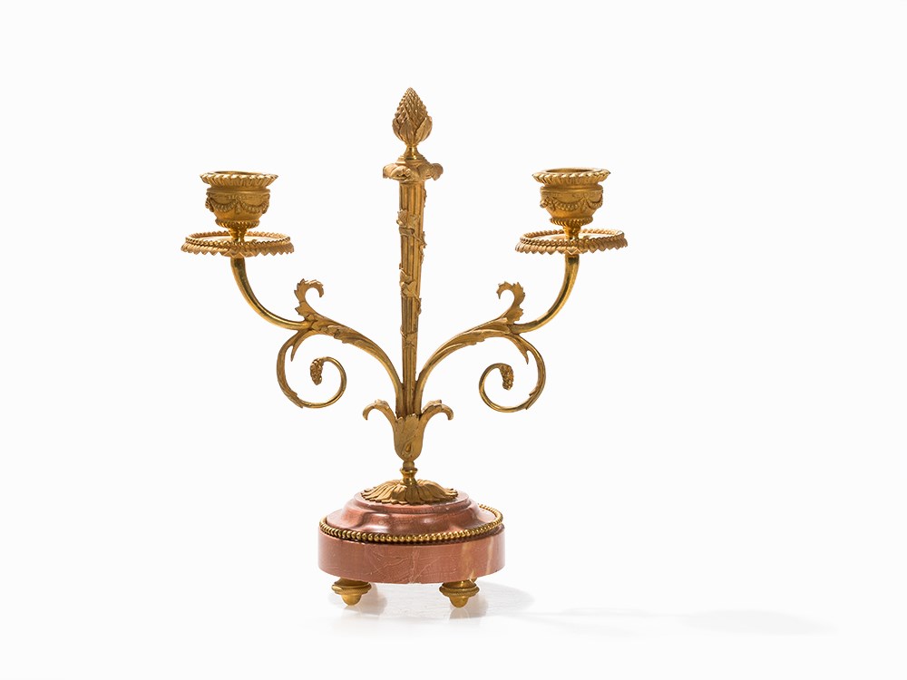 Marble Mantel Clock Garniture, Louis XVI Style, Paris, c. 1860  Pink marble, gilt bronze, enamel, - Image 8 of 9