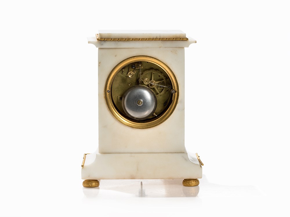 Empire Mantel Clock with White Marble, Dubuc, France, c. 1800 White marble, bronze, gold-plated, - Image 3 of 9