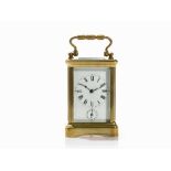 Pendule D’Offcier, Carriage Clock in original Box, c. 1900 Brass, gold-plated, faceted glass, metal,