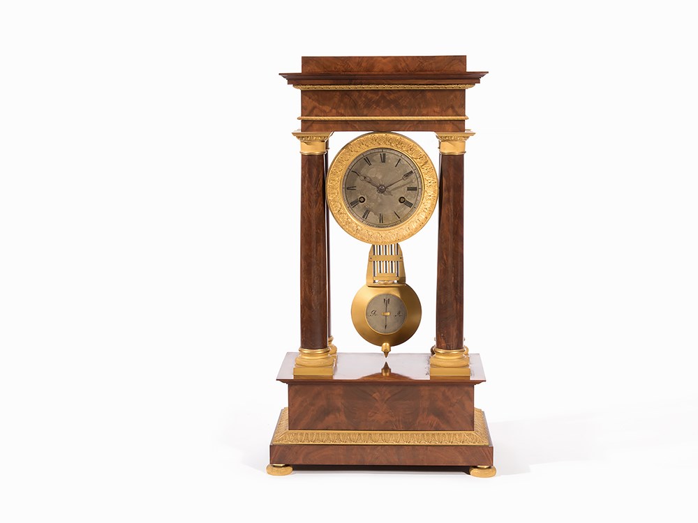 X-Large Neoclassicism-Portico Clock, Pigneret, Paris, c. 1840Mahogany, bronze, gold-plated, brass, - Image 2 of 16