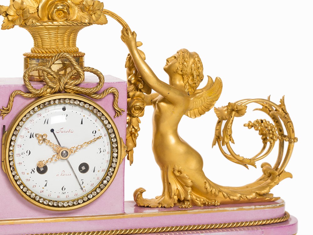 J. Furet, Porcelain Clock with Grotesques, France, c. 1800Bronze, gold-plated, porcelain, painted - Image 2 of 10