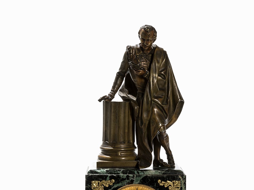 A Figural Mantel Clock ‘Nobleman’, Japy, France, 19th CBronze, gold-plated and patinated, marble, - Image 5 of 8