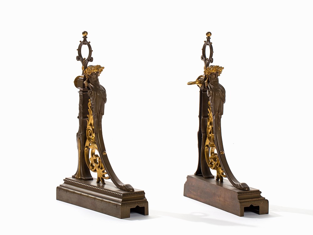 F. Barbedienne, Pair of Napoleon III Bronze Chenets, c. 1860/70Cast bronze, patinated and parcel-