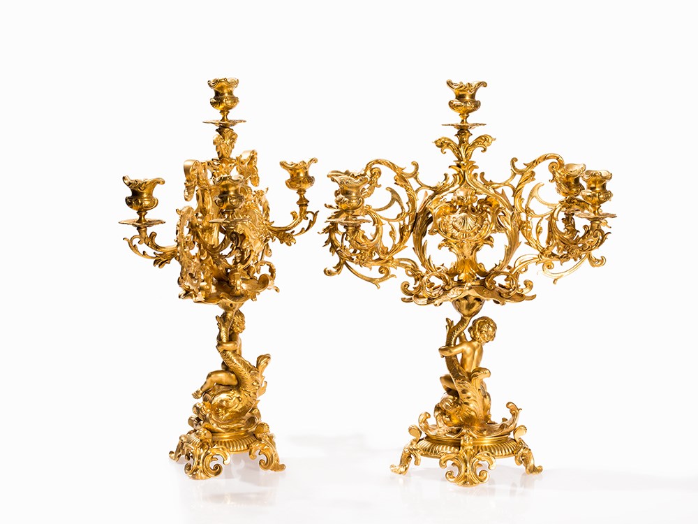 A Pair of 5-flame Napoleon III Candelabras Aux Dauphins, 19th C Gilt-bronzeFrance, 2nd Half 19th - Image 2 of 9