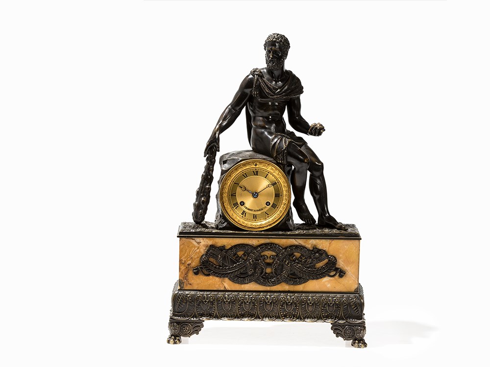 A Neoclassical Mantel Clock with Hercules, Lamy, Paris, 19th C Bronze with dark patina and parcel-