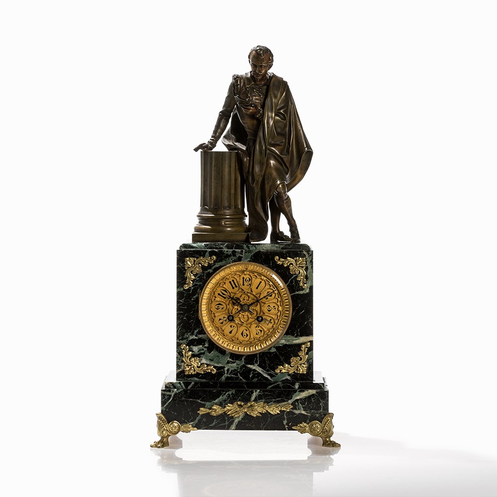 A Figural Mantel Clock ‘Nobleman’, Japy, France, 19th CBronze, gold-plated and patinated, marble, - Image 8 of 8