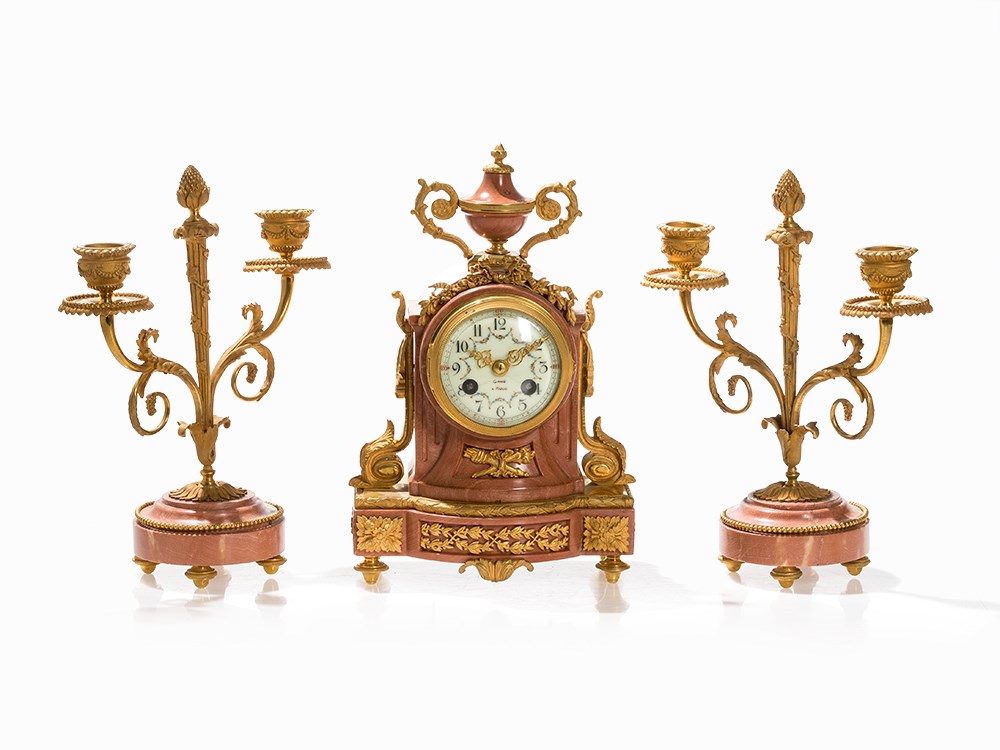 Marble Mantel Clock Garniture, Louis XVI Style, Paris, c. 1860  Pink marble, gilt bronze, enamel,