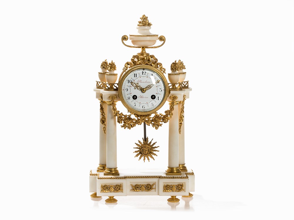 Louis XVI Style Portico Clock, Planchon/Japy, France, c. 1850White Naxos Marble, bronze, gold-