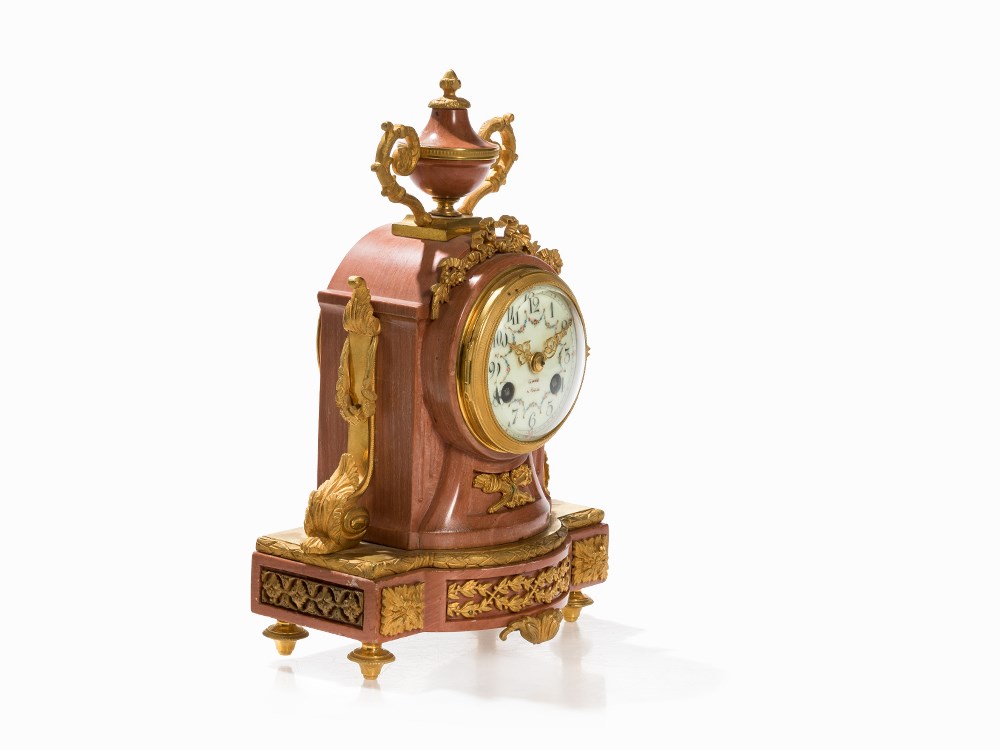 Marble Mantel Clock Garniture, Louis XVI Style, Paris, c. 1860  Pink marble, gilt bronze, enamel, - Image 6 of 9