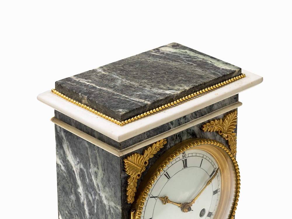 A Neoclassical Mantel Clock ‘E. Poiret A Beaumont’, France 1820 Variously colored marble, bronze, - Image 5 of 8