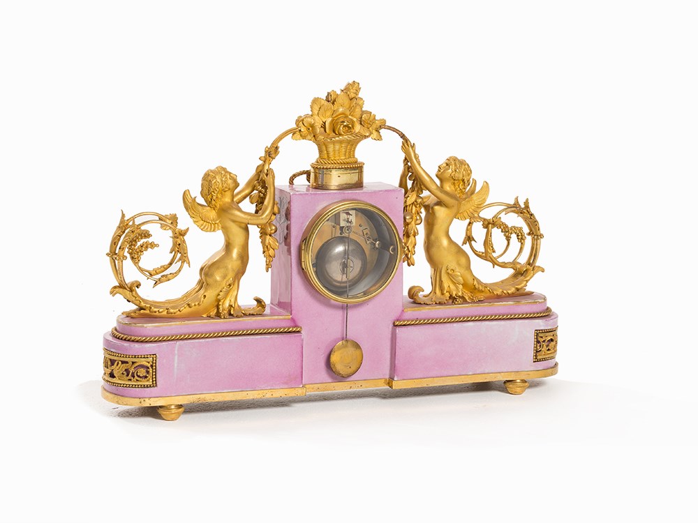 J. Furet, Porcelain Clock with Grotesques, France, c. 1800Bronze, gold-plated, porcelain, painted - Image 7 of 10