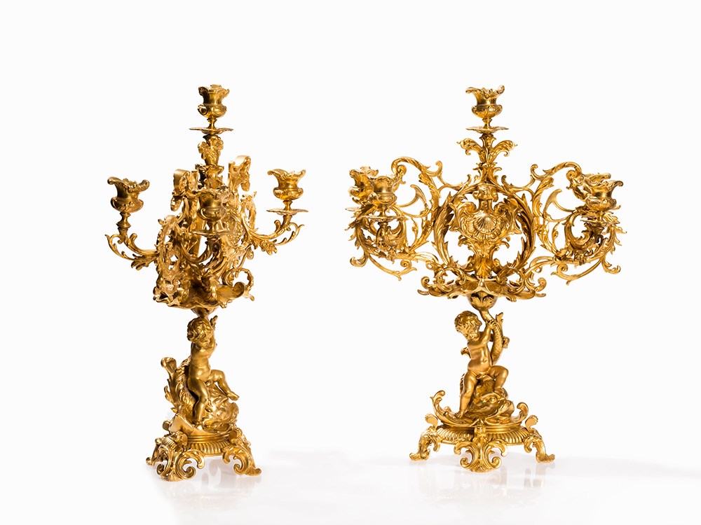 A Pair of 5-flame Napoleon III Candelabras Aux Dauphins, 19th C Gilt-bronzeFrance, 2nd Half 19th