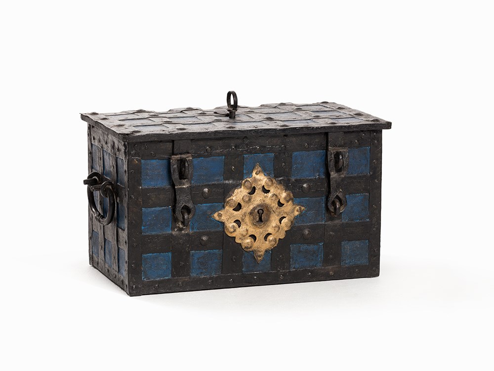 Wrought-Iron War Chest with Polychrome Paint, Germany, 18th C Wrought iron, painted