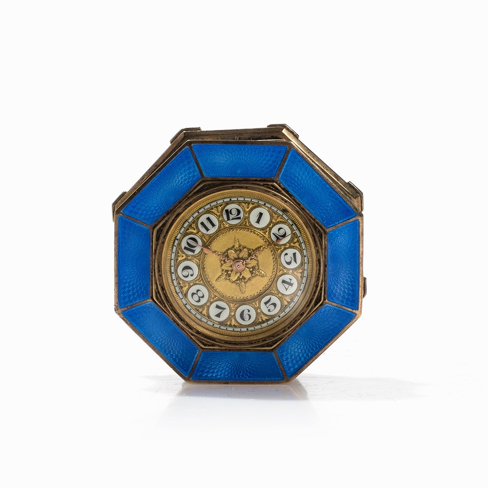 Valmé, Silver Miniature Clock, Guilloche Enamel, Geneva c. 1910 935 silver, gold-plated, enamel, - Image 7 of 7