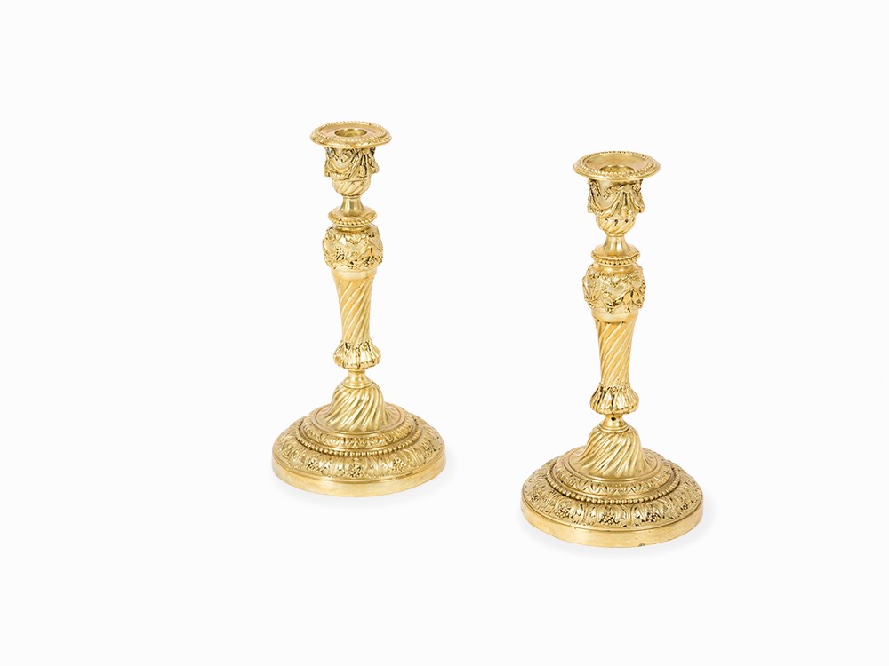 Pair of Neo-Classical Candlesticks, France, Early 19th C. Gilded bronzeFrance, early 19th