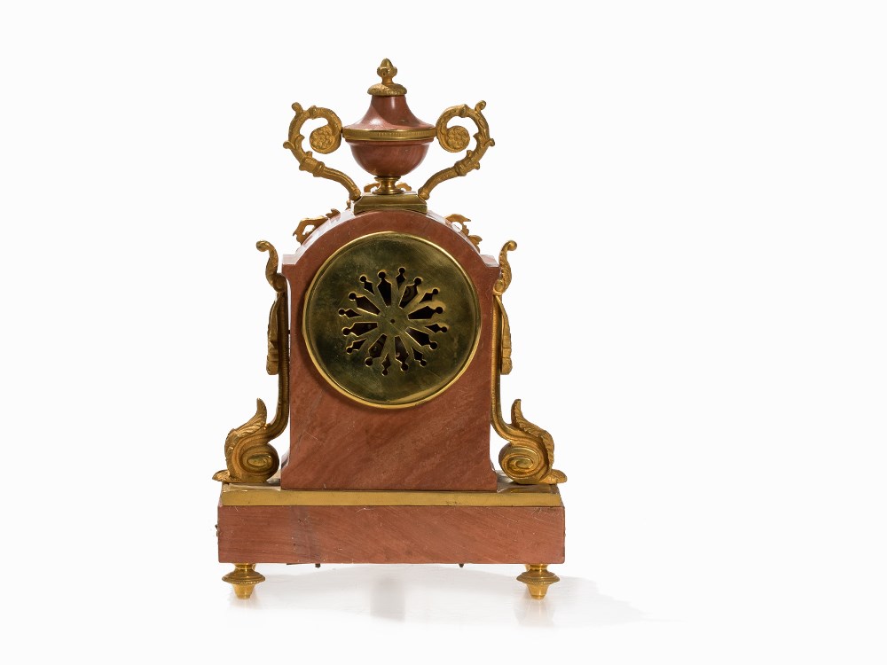 Marble Mantel Clock Garniture, Louis XVI Style, Paris, c. 1860  Pink marble, gilt bronze, enamel, - Image 7 of 9